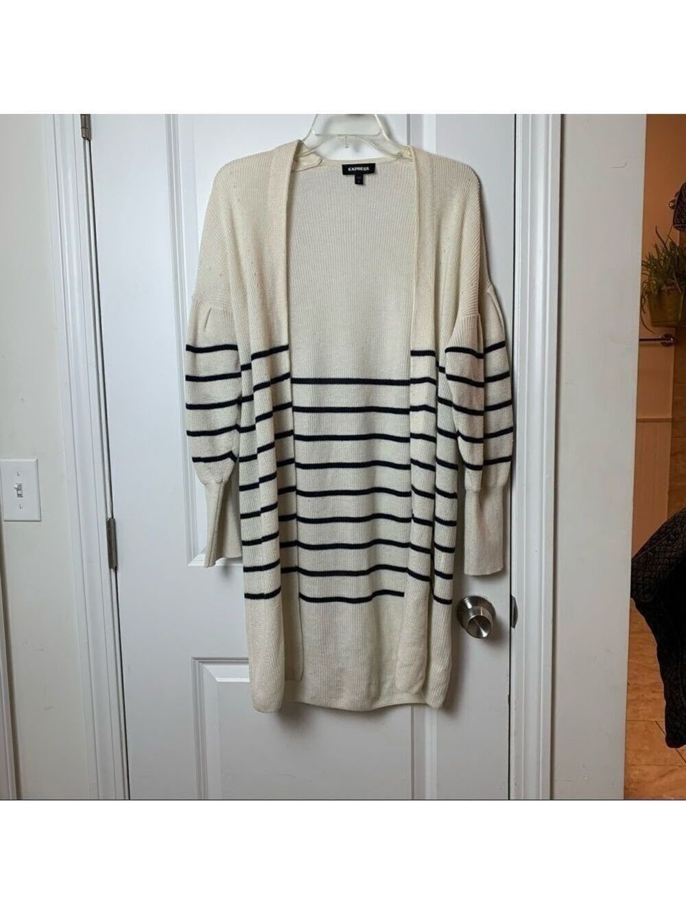 Express Size Small Long Cream and Navy Blue Striped Open Sweater